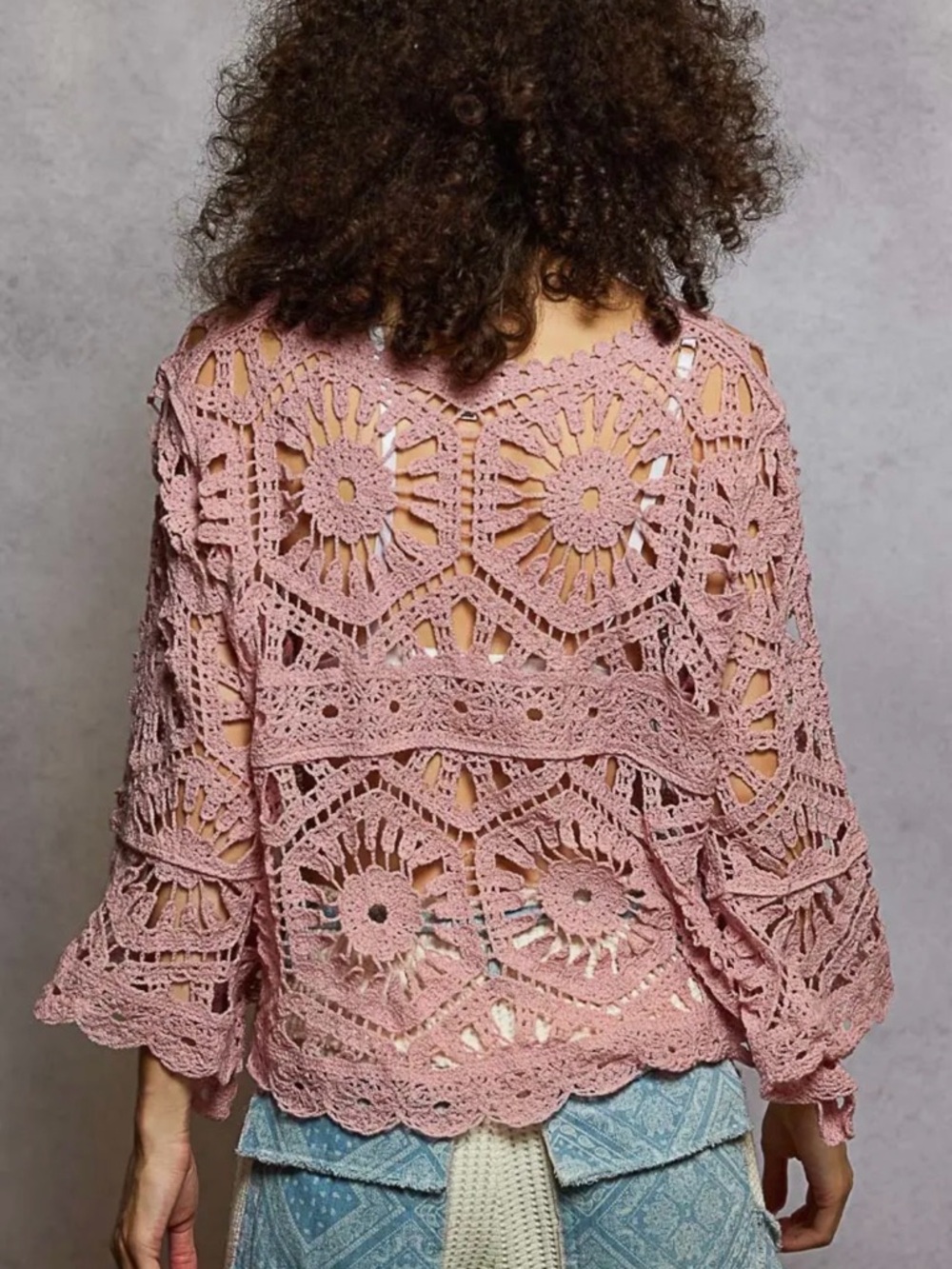 POL Bohemian Crochet Openwork Bracelet Bell‎ Sleeve Short Top Rose Pink One Size - Picture 11 of 11